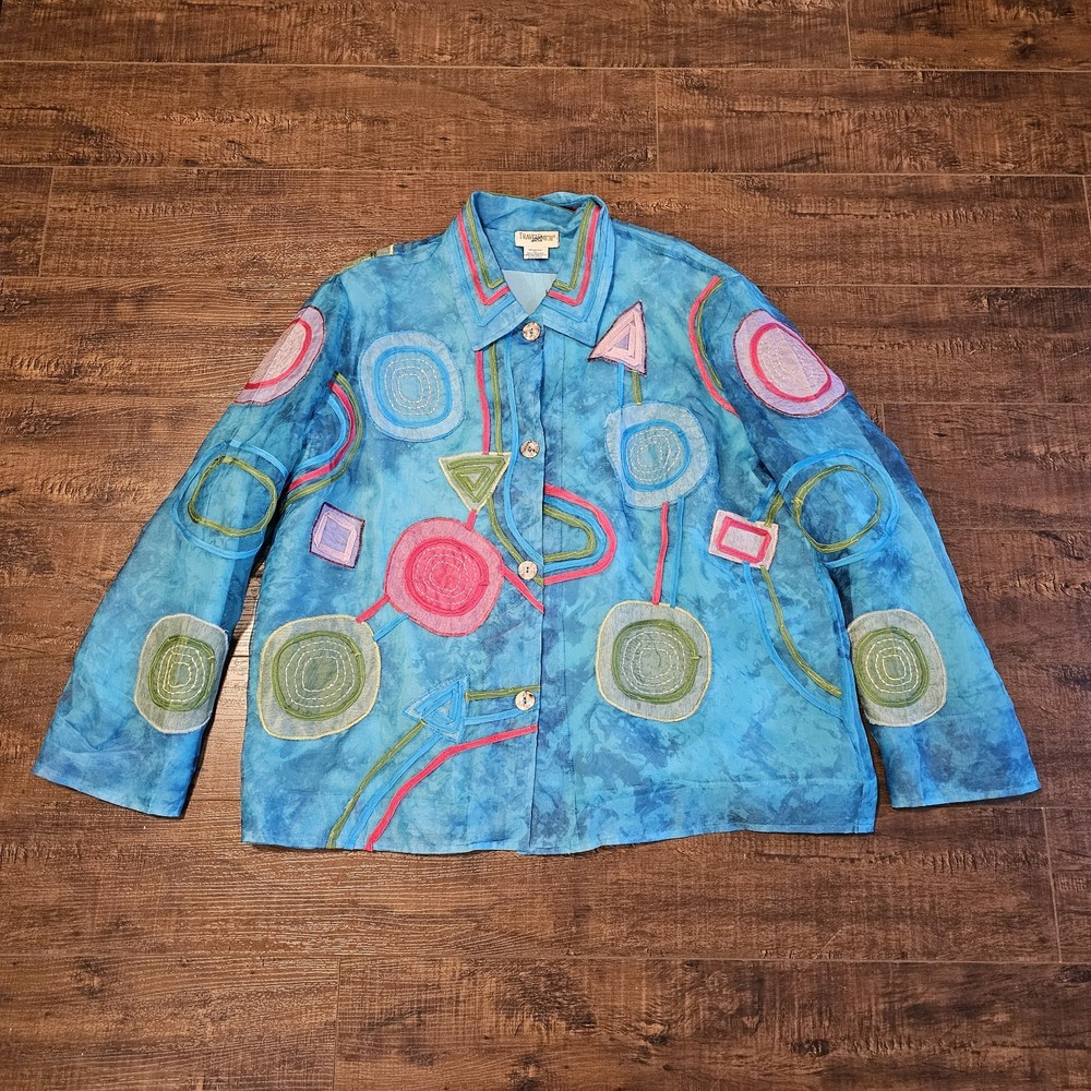 TRAVELSMITH Sz XL Silk Jacket Blazer Artsy Boho Lagenlook Embroidered Patchwork