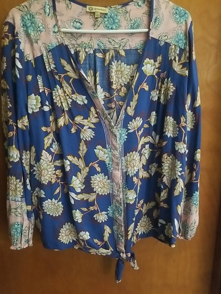 Democracy Top Sz Large Womens Floral Print  Bottom Tie Boho Rayon