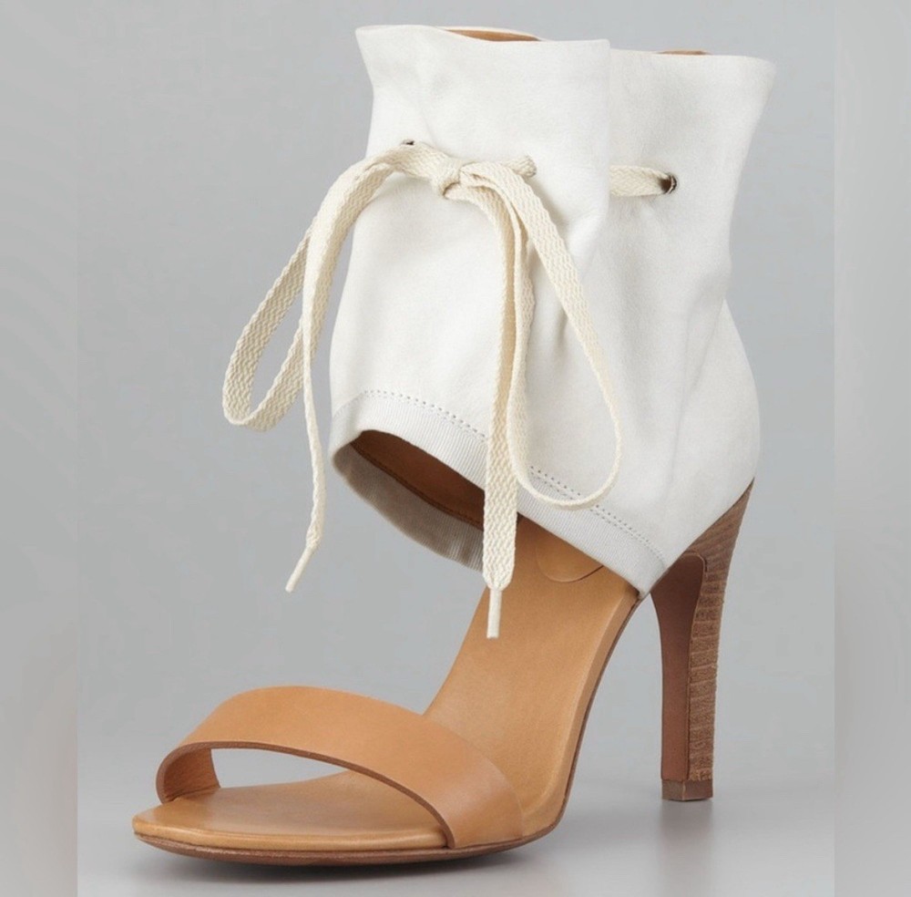 See by Chloé White Canvas & Tan Leather Lace-Up Heeled Sandals Size 37 (US 7)