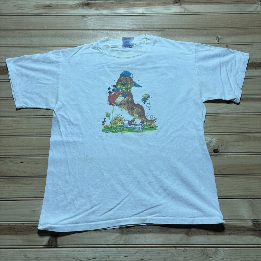 Vintage 90s Dog Walk In Th Park Artist Sketch McCartney Retriever Shirt Size M
