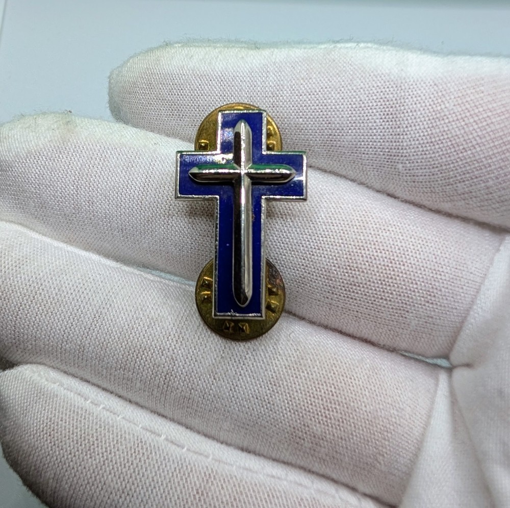 Vintage Blue Enamel and Silver Tone Christian Cross Lapel Pin