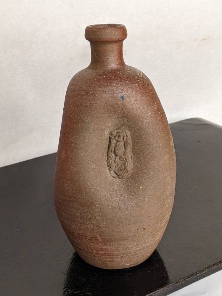 Bizen Pottery Vase Edo Period 19th C Japanese Antique Ceramic Hotei Budai 7.4 in