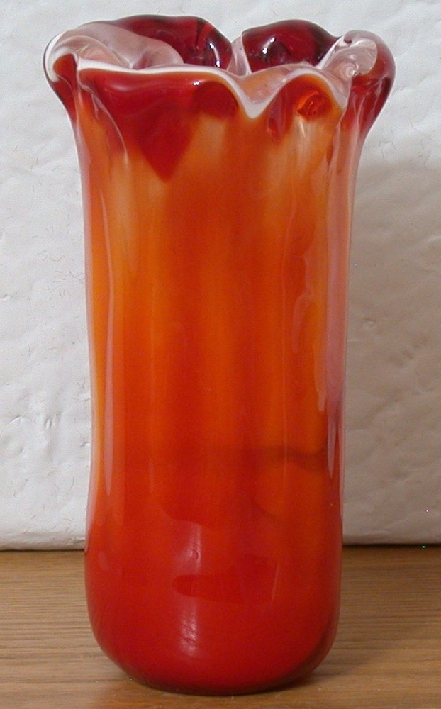 MCM Handblown Cased Art Glass Vase Red Orange Yellow White 6.25