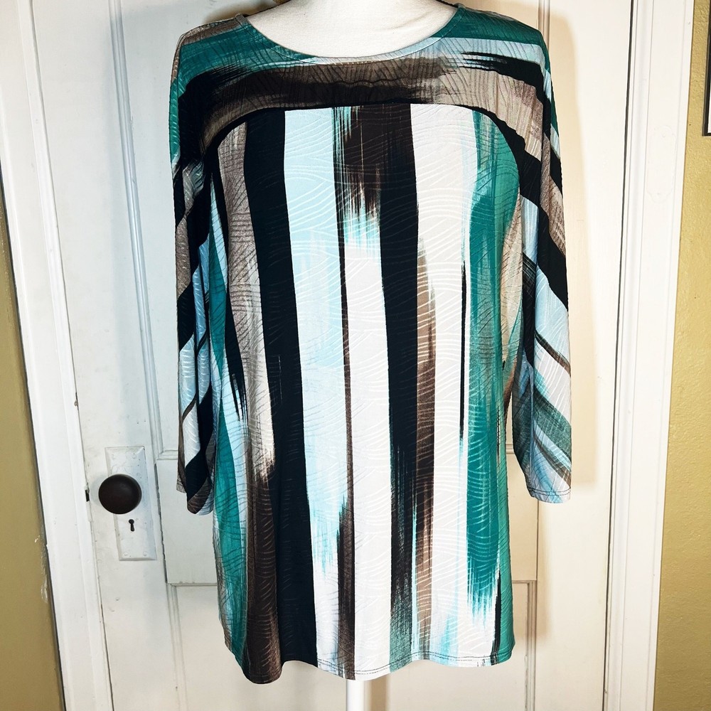 Dana Buchman Colorful Blue Multicolor Striped Long Sleeve Blouse Size Large