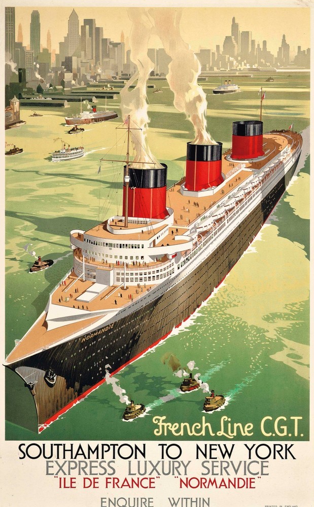 1936 The French Line Normandie Ship Vintage Travel Poster Print
