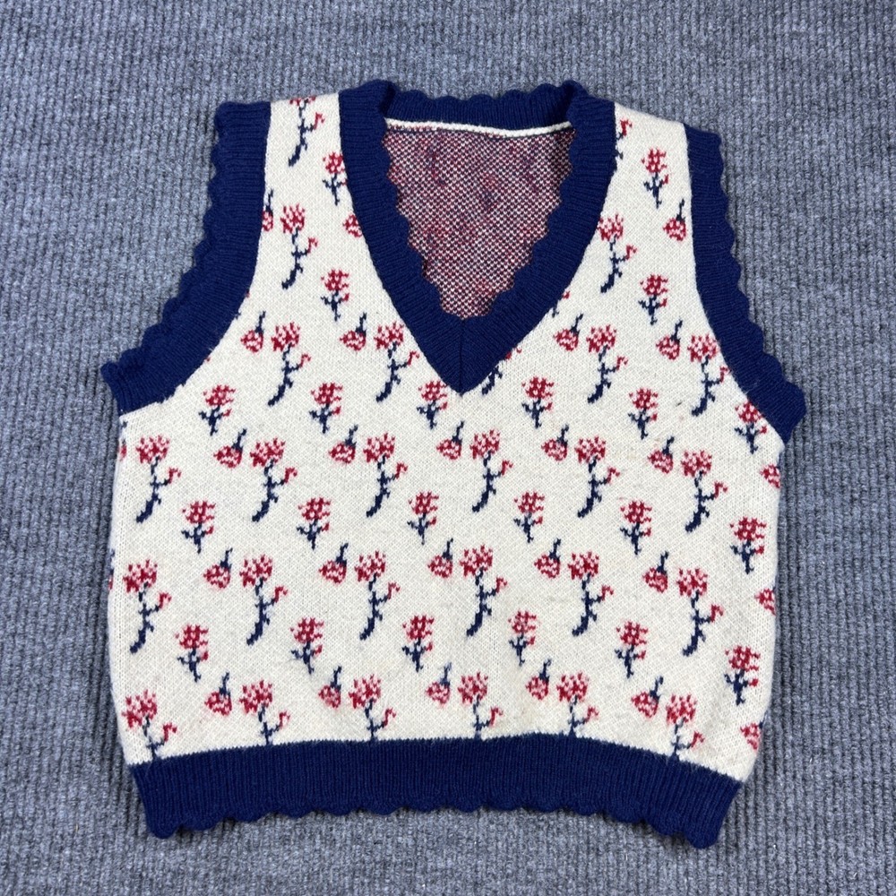 Floral Knit V-Neck Sweater Vest Scalloped Trim Navy Blue Cream Red Small