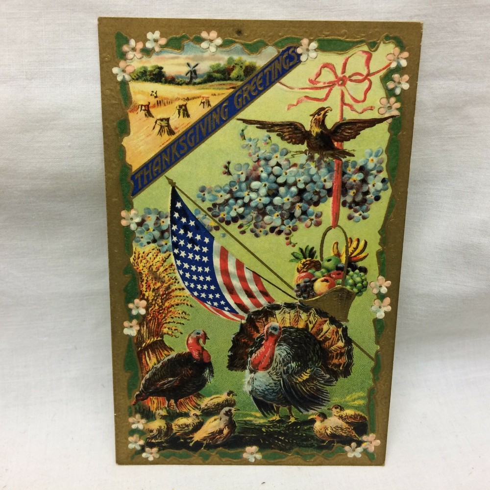 Vintage Postcard Patriotic Thanksgiving Greeting Turkey Scene Propaganda 1910