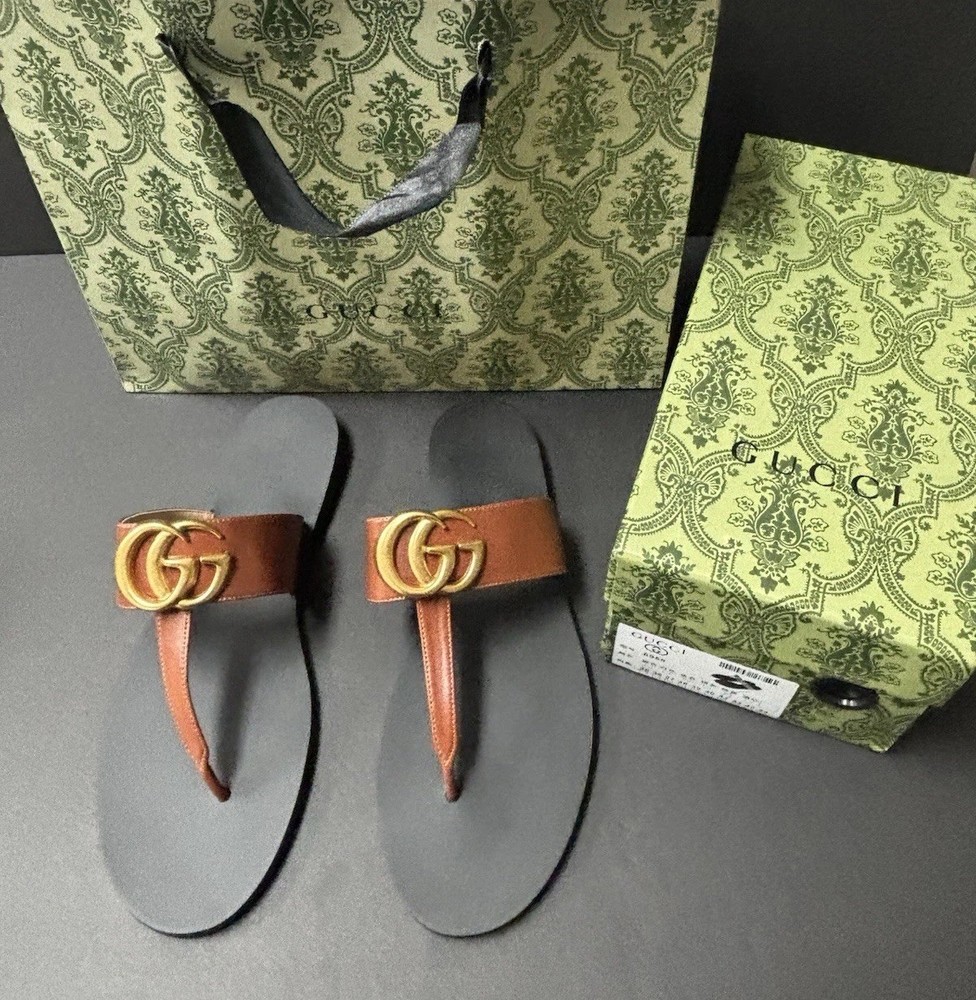 Gucci Marmont GG Leather Thong Sandals Brown Size 10 with Box