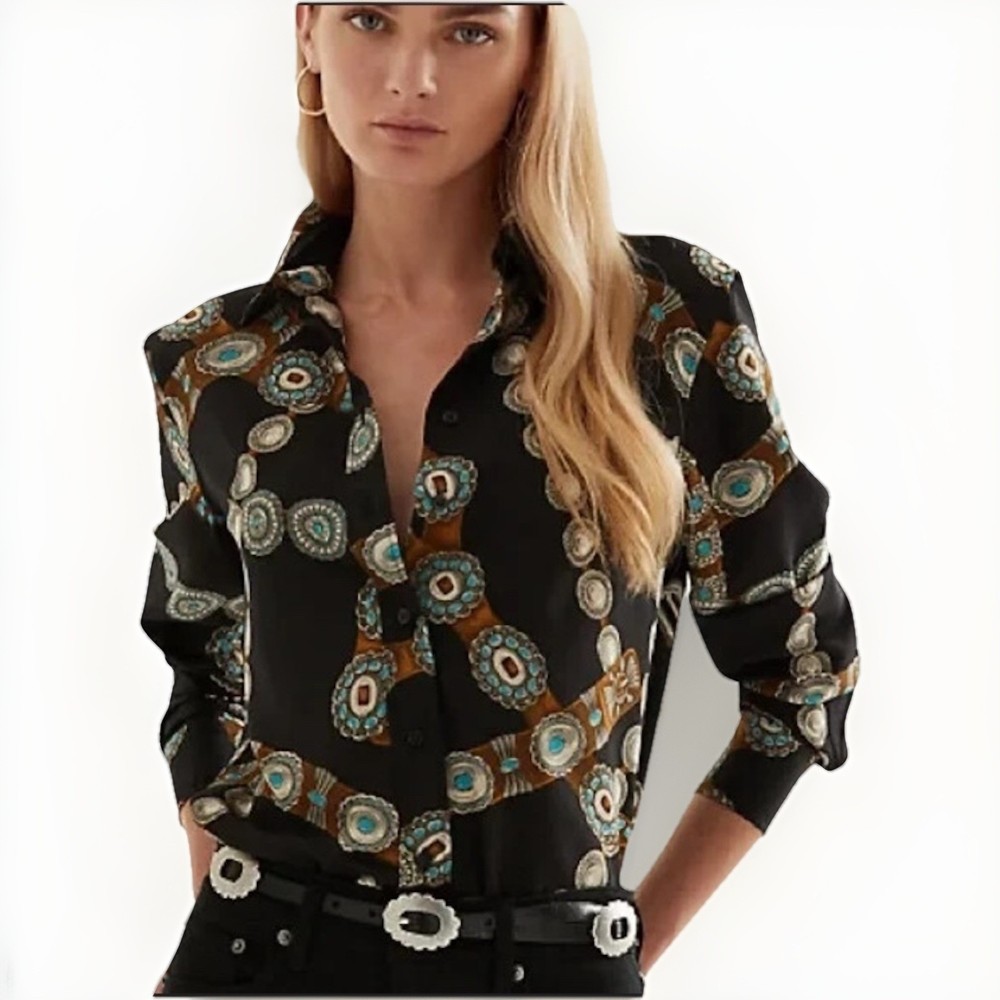 Lauren Ralph Lauren Shirt Womens Med Black Turquoise Concho Belt Southwest Print