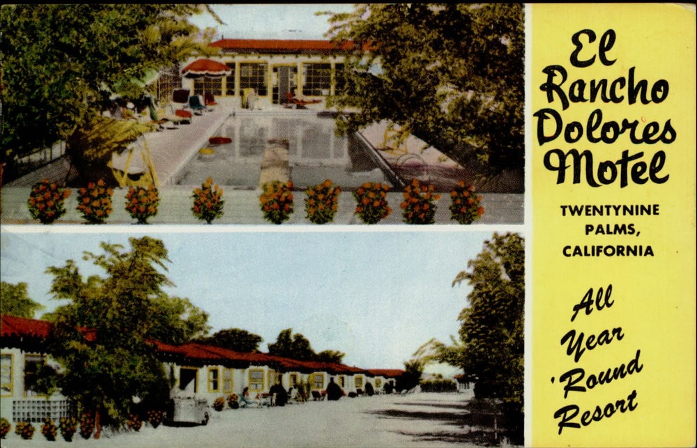 Twentynine Palms CA rancho Dolores Motel pool two view unused vintage postcard