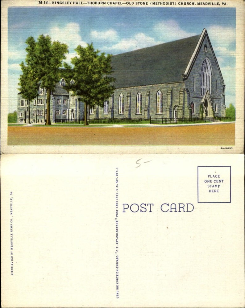 Thoburn Chapel Stone Methodist Church Meadville PA Kingsley Hall linen unused
