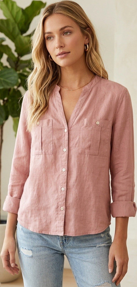 Nicole Miller New York 100% Linen Button Down Shirt Blouse Dusty Rose Pink Size