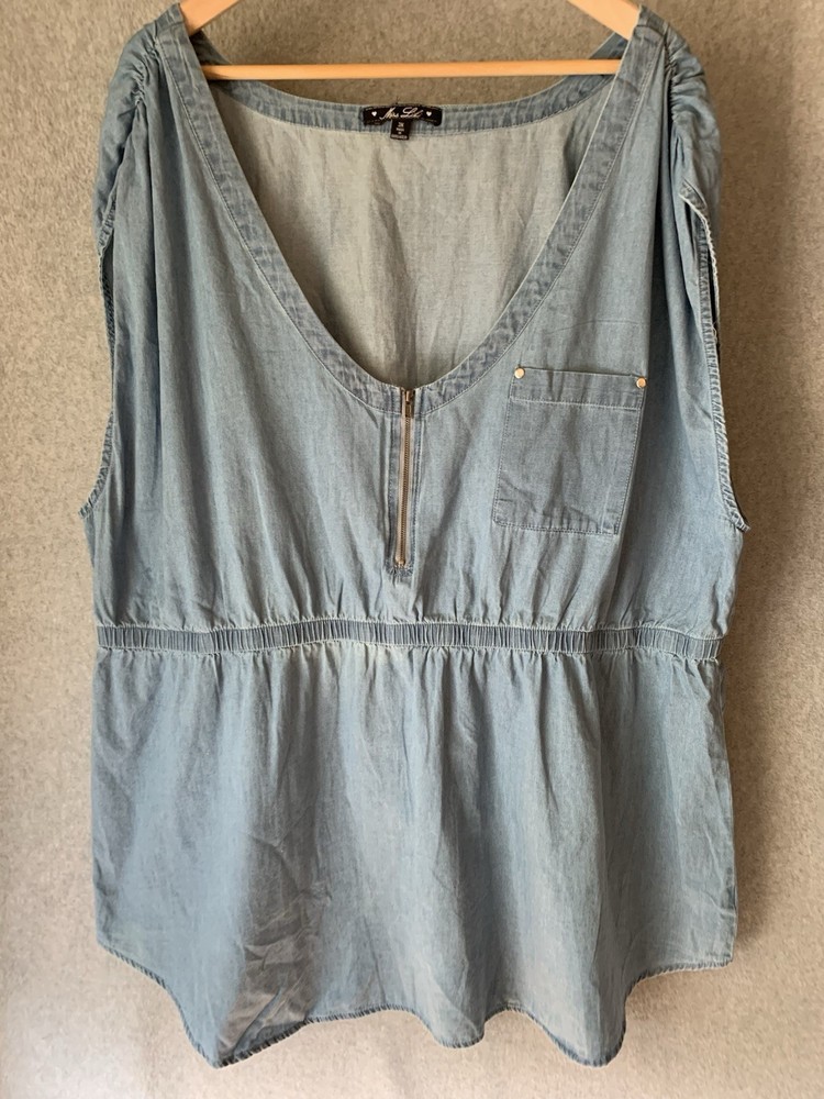 Miss Lili Denim Sleeveless Top Sz 3X Tank Top Chambray Zip Classic Stretch Waist