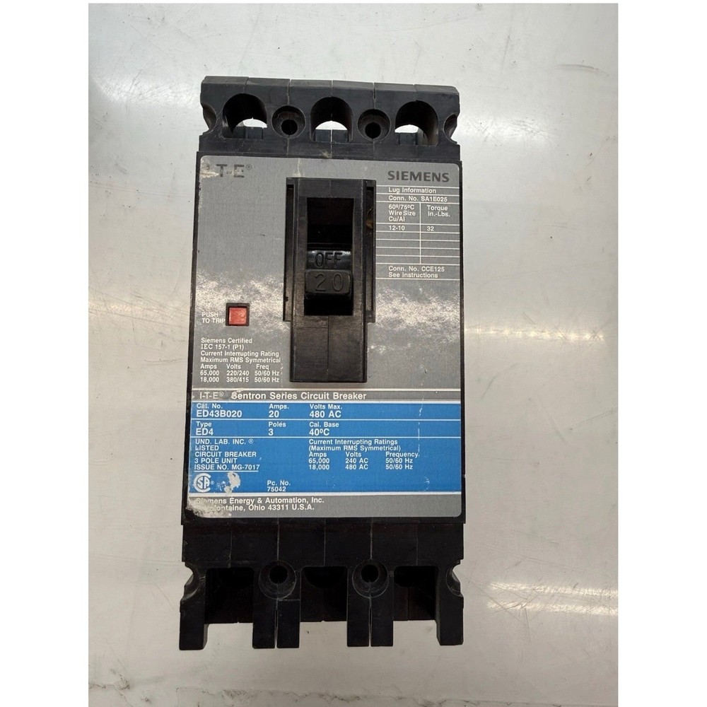 Siemens ED43B020 Sentron I-T-E 3 Pole 20A 480V Circuit Breaker Black Good