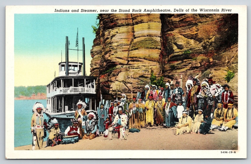WI~Wisconsin River Dells~Indians~Steamer Ship~Stand Rock Amphitheatre~Linen PC