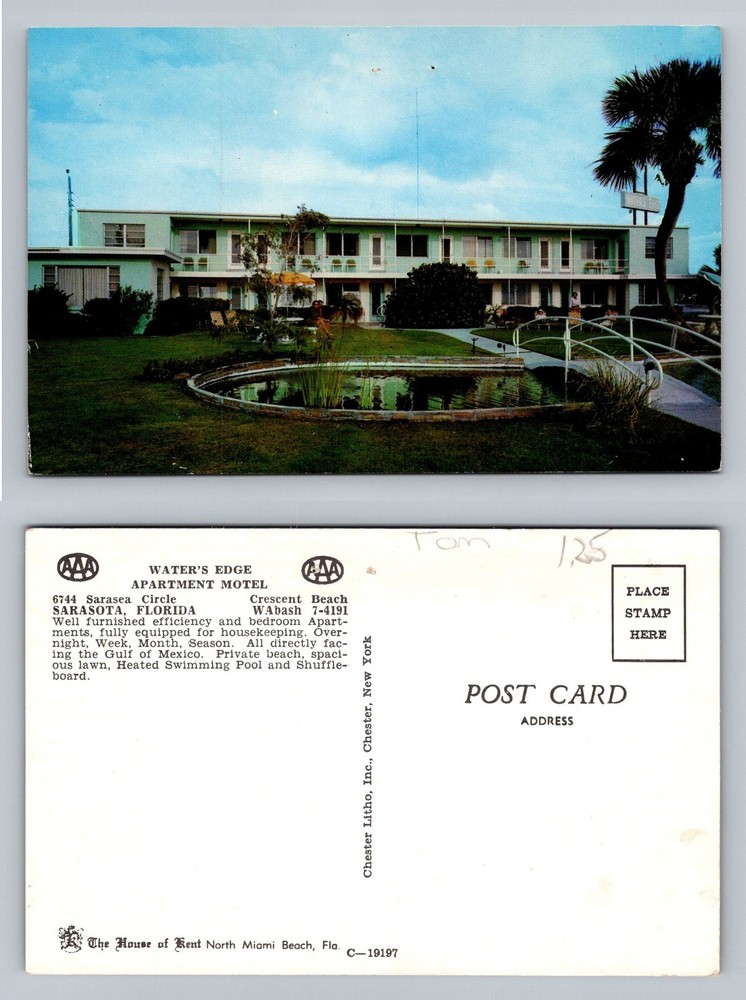 Sarasota, FL-Florida Water's Edge Motel Crescent Beach Souvenir Vintage Postcard