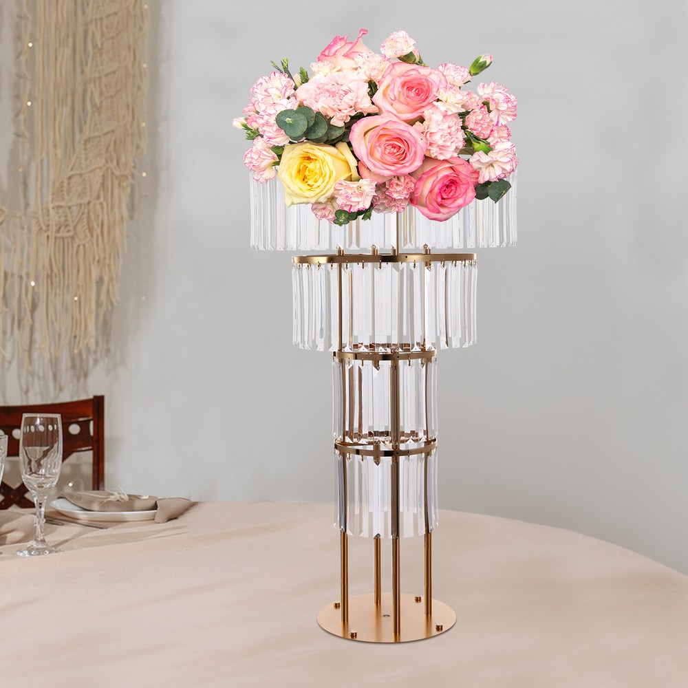 Wedding Gold Crystal Flower Stand Round Pedestal Centerpiece Decor