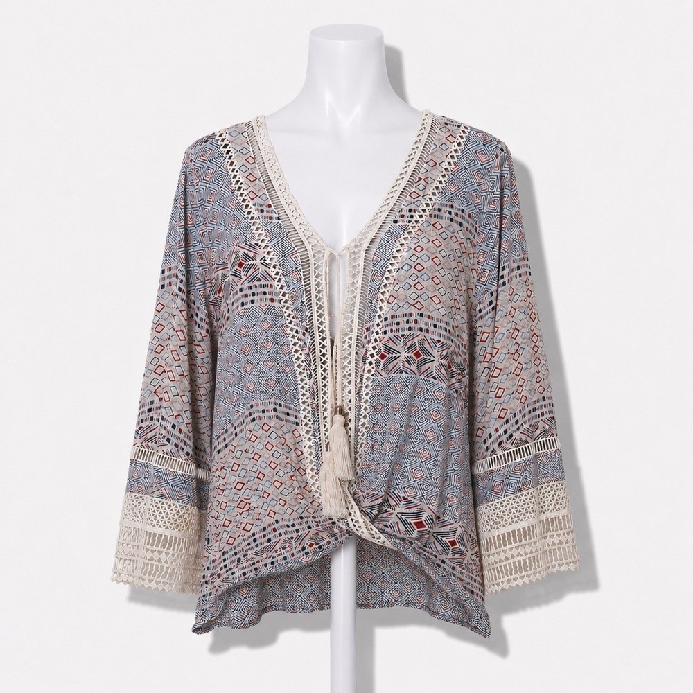 Democracy Blouse Large Blue Crochet Faux Wrap V-Neck Bell Sleeve Boho Cottage