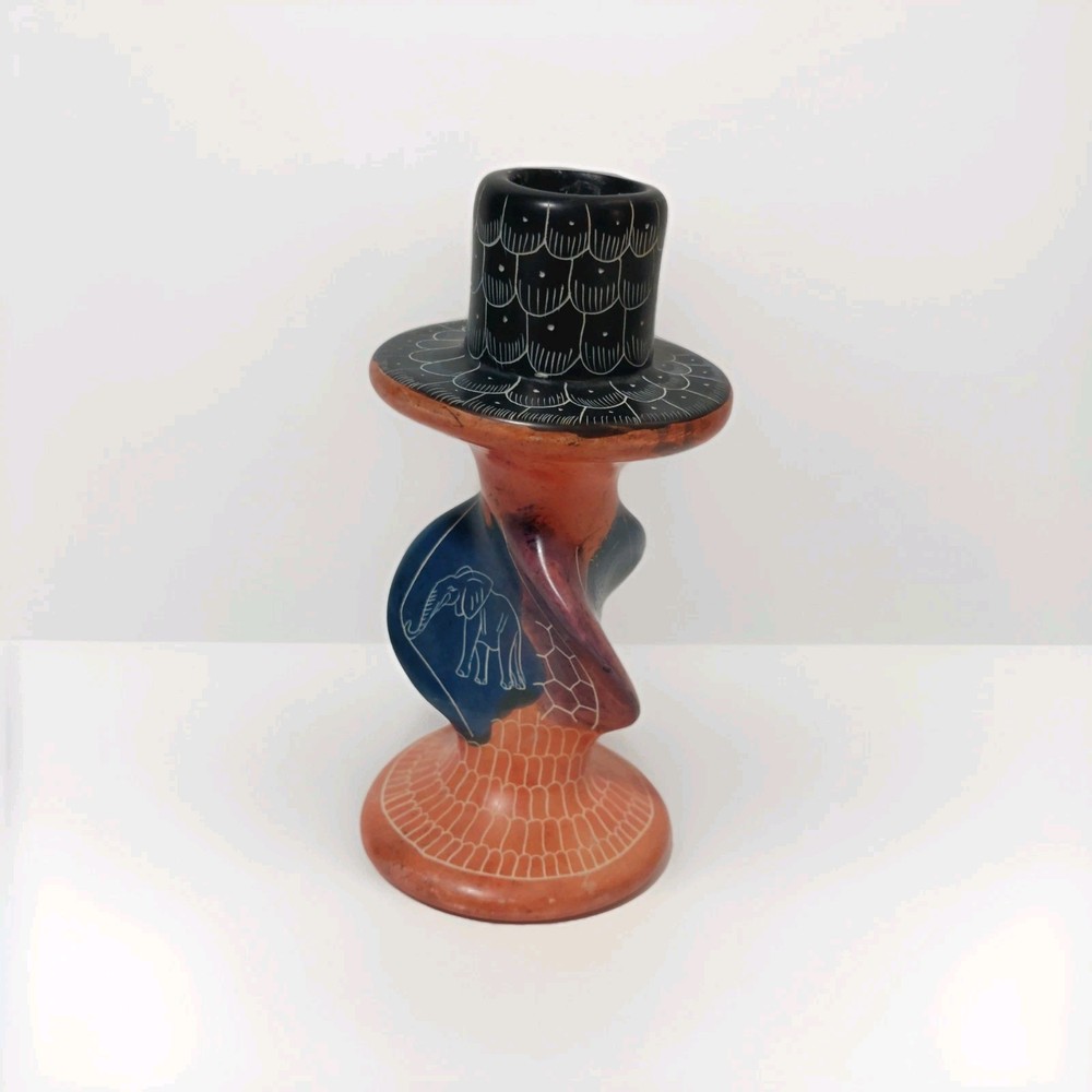 Vintage Hand Carved African Soapstone 5” Candle Stick Holder Tan Elephant Kenya