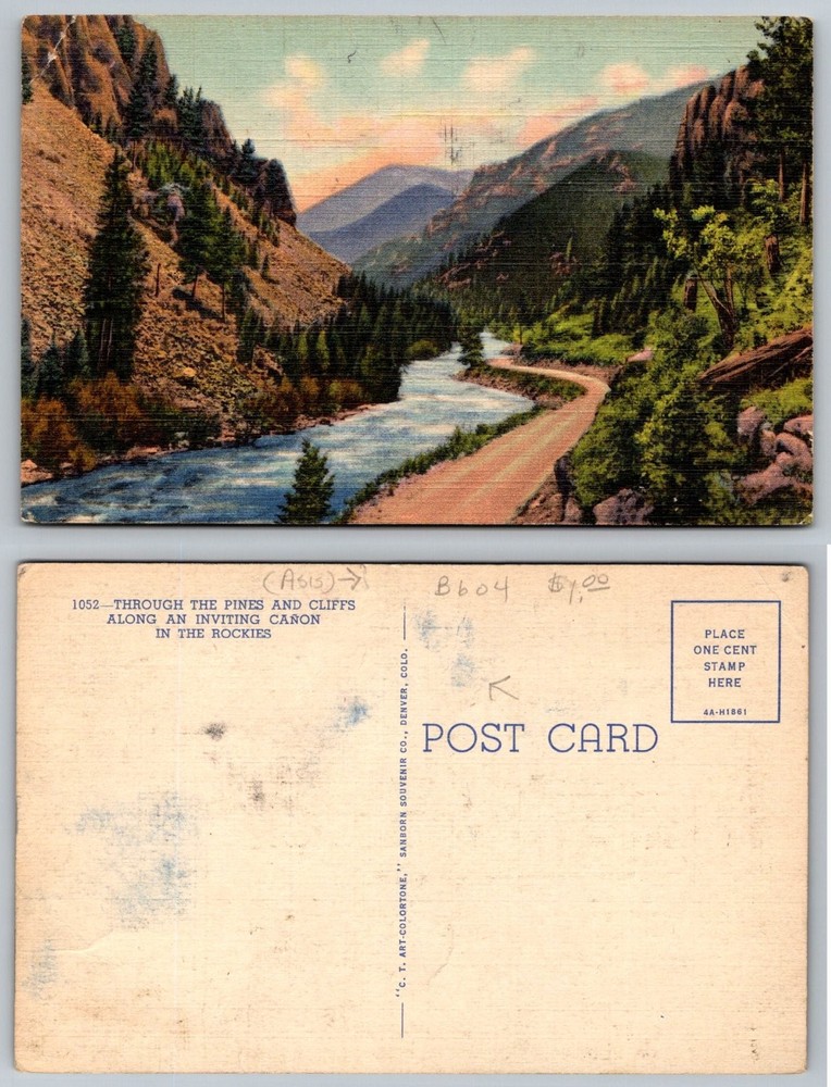 Vintage Linen Postcard: Colorado Rockies Scenic Canyon Pines & River View