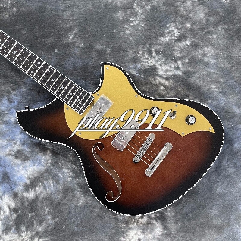Reddish Brown Electric Guitar F Hole Mahogany Body Yellow Pick Guard Factory