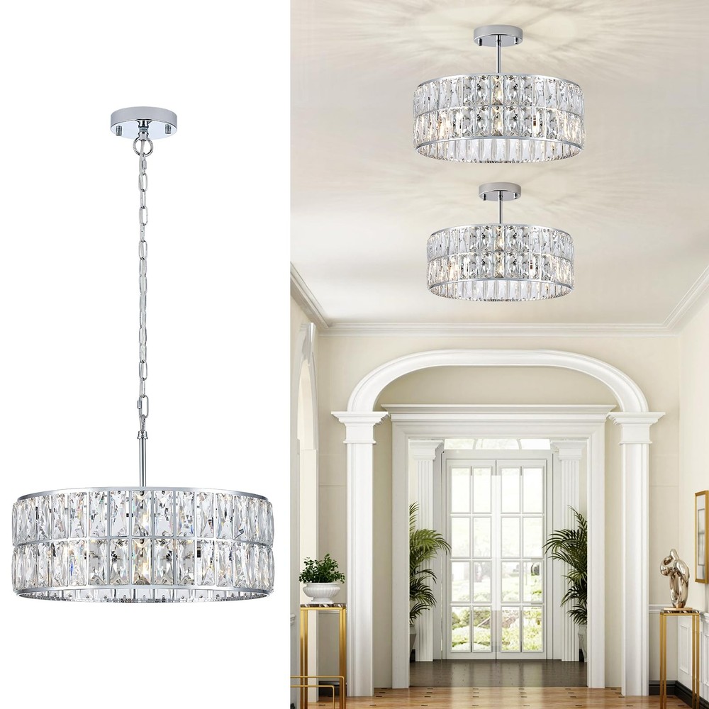 Modern Crystal Chandelier 18”Chrome Semi Flush Mount Ceiling Light Fixtures 6...
