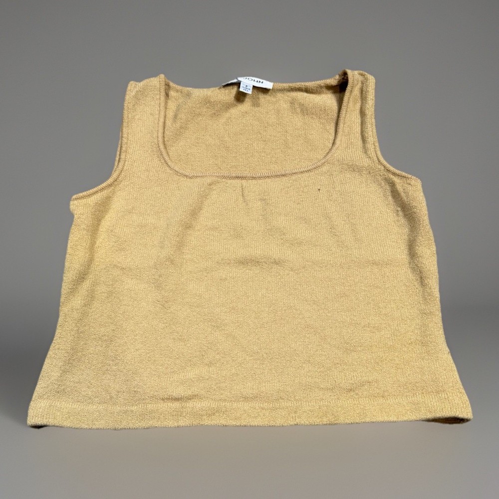 St. John Basics Vintage Gold Metallic Shimmer Knit Scoop Neck Sweater Tank Top