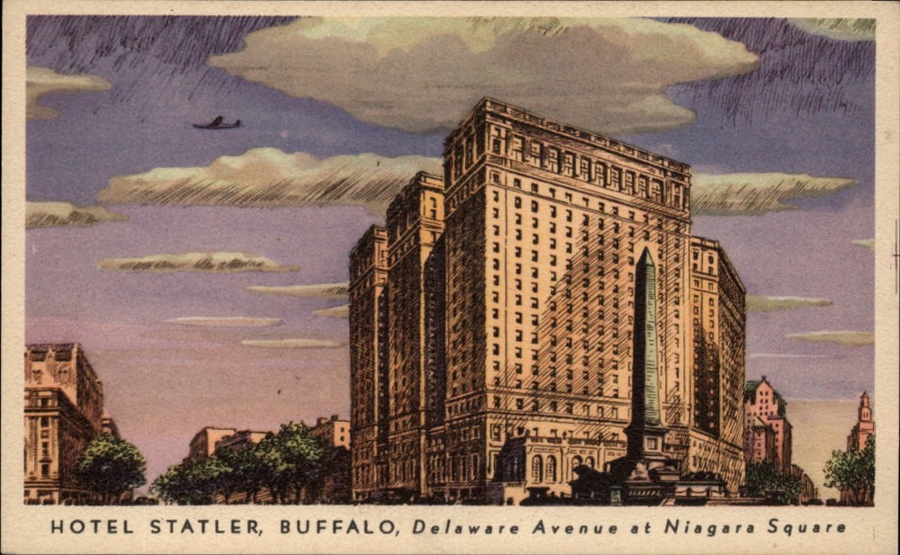 Hotel Statler Buffalo New York ~ McKinley monument ~ artist rendering postcard