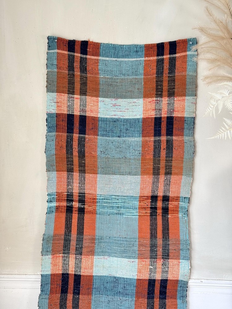 2.5 ft Orange Blue Upcycled Eco-Friendly Rag Rug European Stair Runner for Hallway or Table