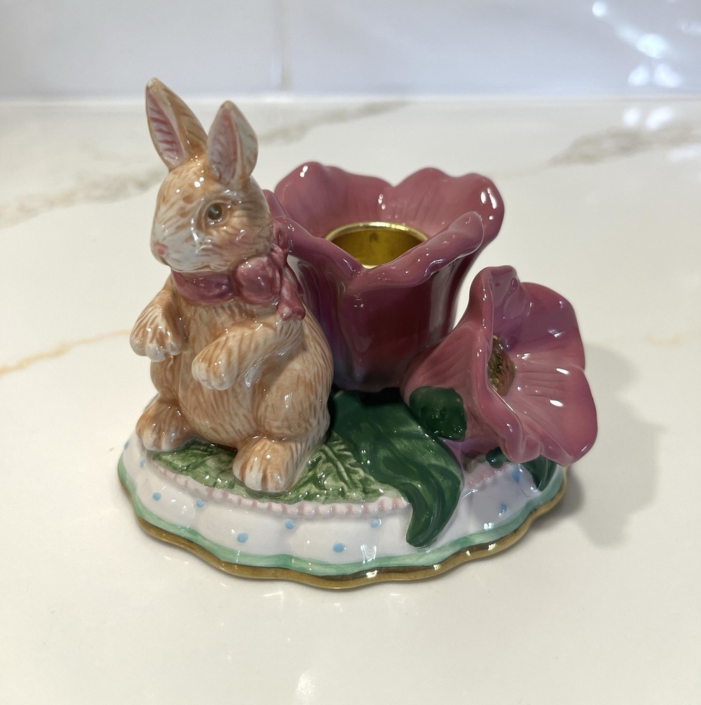 Avon Spring Time Collection Porcelain Candle Holder Pink Flower Bunny