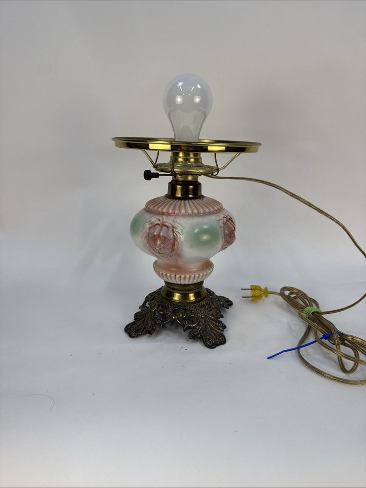 Lions Head Hurricane Lamp Base, Pink Green No Shade