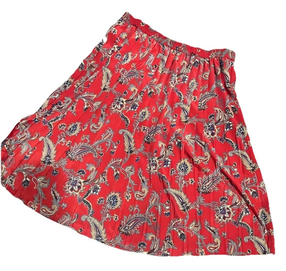 VTG ALFRED DUNNER Womens Skirt 14 Red Floral Pleated Midi Modest Retro 90s Aline