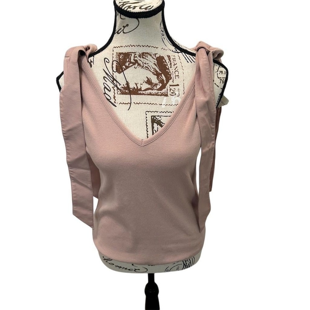 Maeve Anthropologie Tank Top Womens M Rose Pink Ribbed Tie Shoulder V-Neck NWT