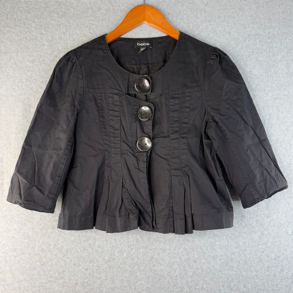 Y2K 'Bebe' Black Cropped ButtonUp Mini Coat Size S Cottage Fairy Core 3/4 Sleeve