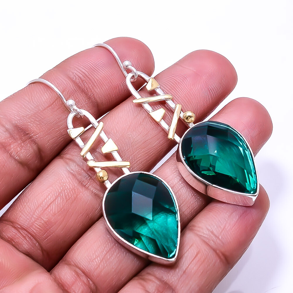 Simulated Emerald 925 Sterling Silver Two Tone Dangle Earrings 2.34 Inch E_9296_177_5