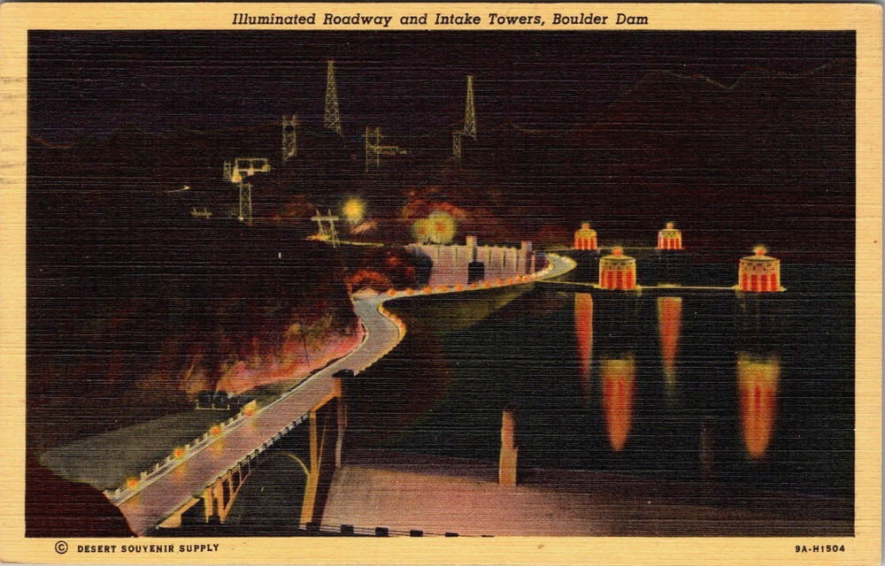 Boulder Dam NV, Illuminated Roadway, Intake Towers, Nevada Vintage Postcard
