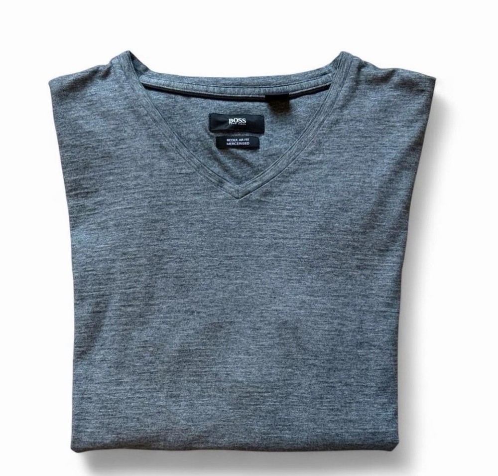 Hugo Boss BOSS Mens Medium Gray V Neck Long Sleeve Mercerised Shirt