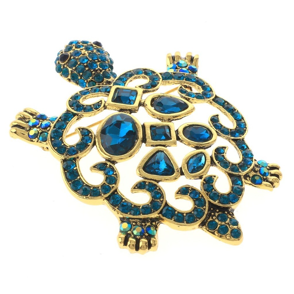 Antique Gold Metal Large Turtle Rhinestone Pendant Brooch P1342-BLZ