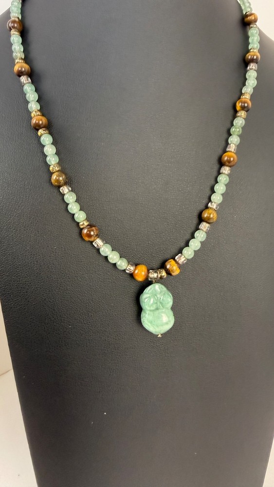 Green Aventurine & Tiger's Eye Beaded Necklace | Carved Stone Frog Pendant 18