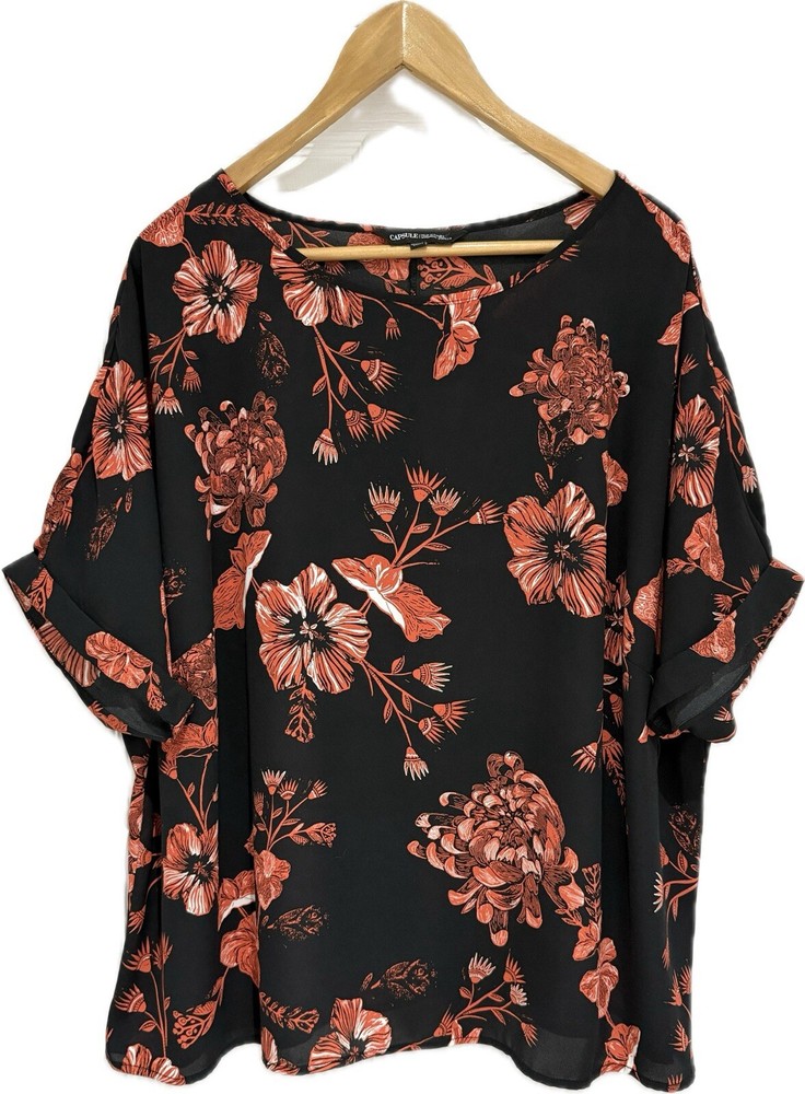 Ladies Capsule Top Blouse Size 24 Black Orange & Cream Short Sleeve BNWOT