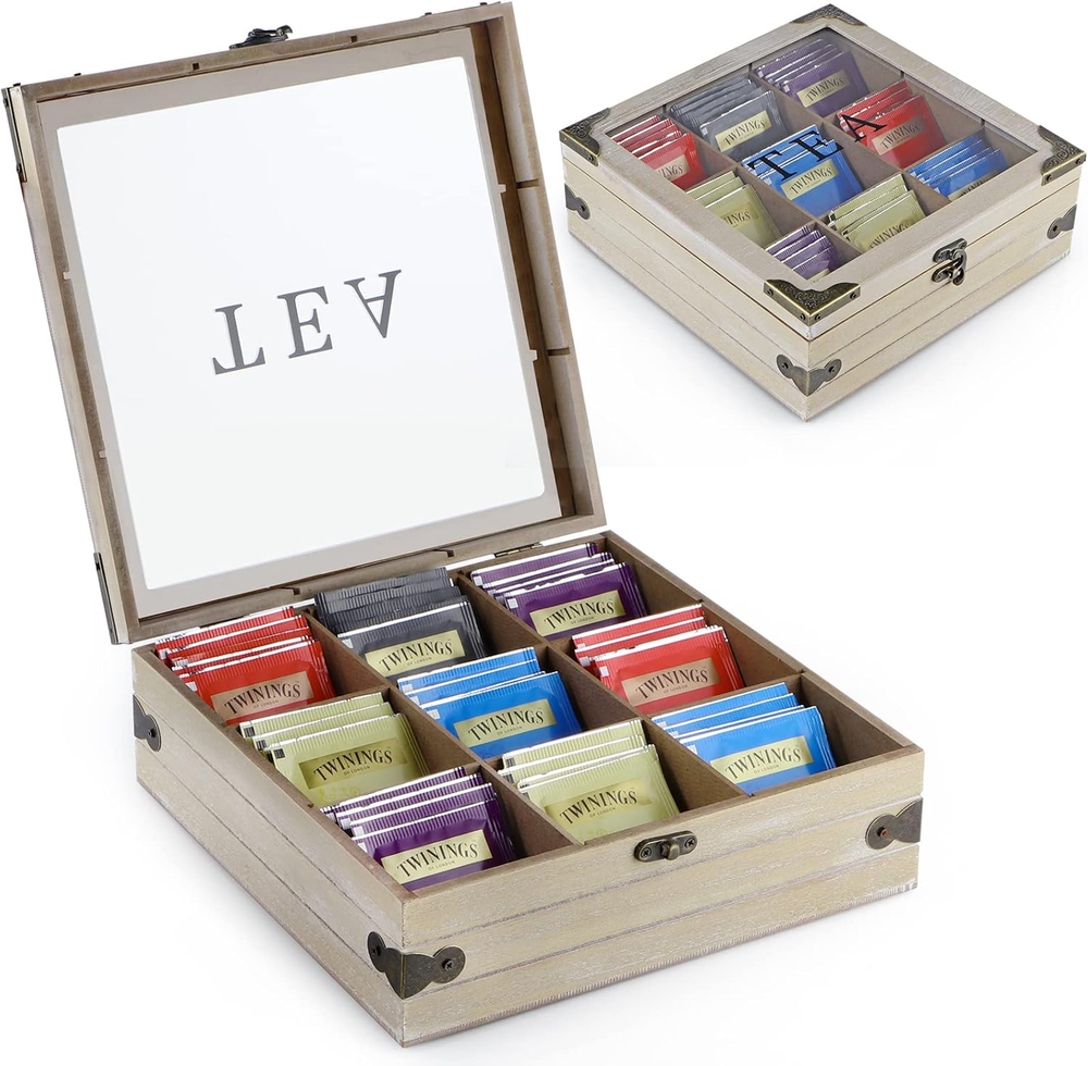 Wood Tea Box Organizer, Tea Storage Chest with Glass Lid, 9 Compartments, Tea Ba