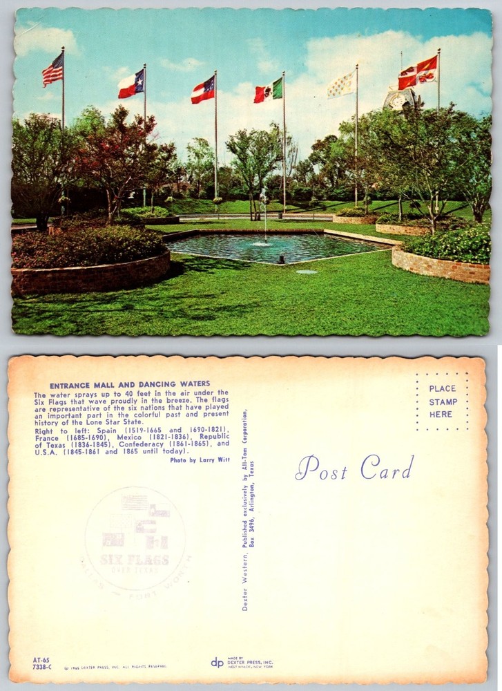 Six Flags Over Texas Entrance Mall & Dancing Waters Postcard 1965
