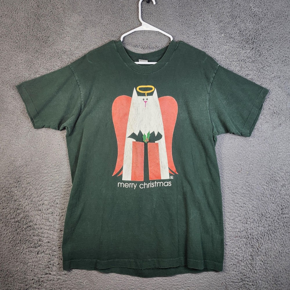 Vintage Merry Christmas Angel Cat Graphic Shirt Mens XL Green Fruit Loom 90s USA