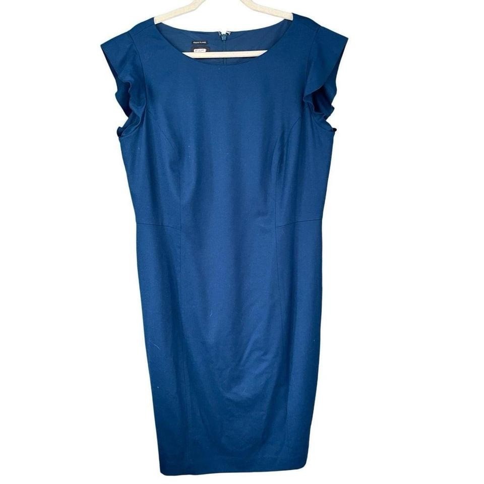 T3 Talbots Italian Flannel Blue Wool Blend Ruffle Sleeve Sheath Dress Size 16