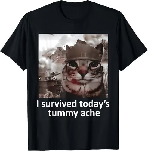 Mens Womens I Survived Today's Tummy Ache Groovy Funny Cat T-Shirt