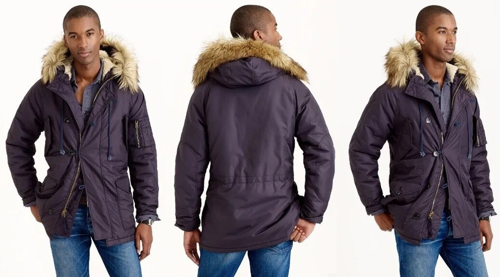 J Crew Snorkel N3B Military Winter Parka Jacket Field Coat Mens Small Fur Navy