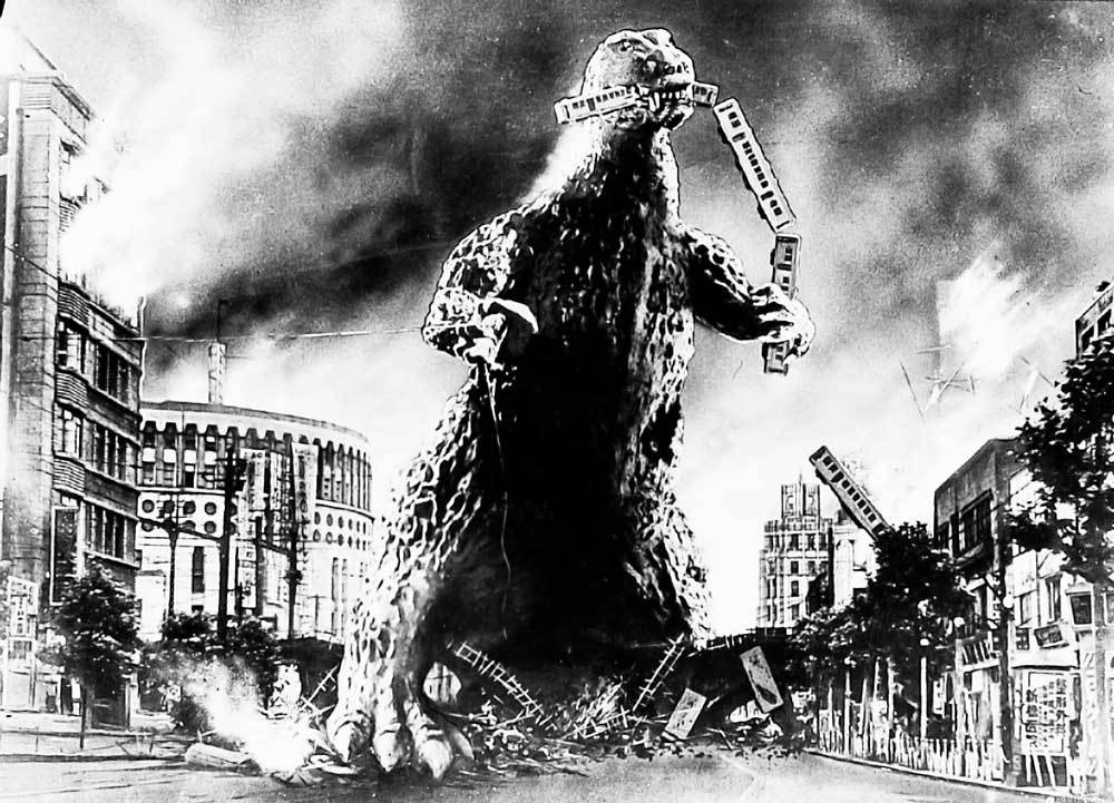 Vintage Godzilla Train Wreck Framed Canvas Art 24x16 Inches