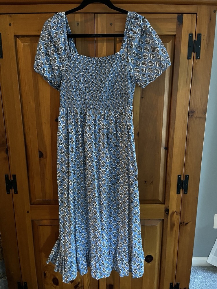 NEW J. Crew Factory Women's Sz S Blue Block Print Tiered Midi Dress Puff Sleeves