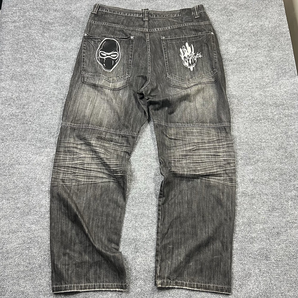 Men’s Black Y2K Baggy Skater Jeans with Embroidered Grunge Goth Wide Leg Design Size 40 Miskeen