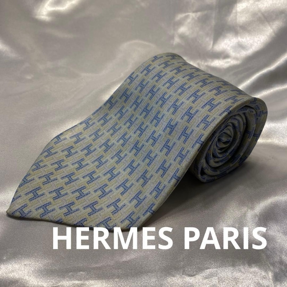 HERMES Necktie Tie Blue All over H Logo pattern 100% Silk Men's Made in France